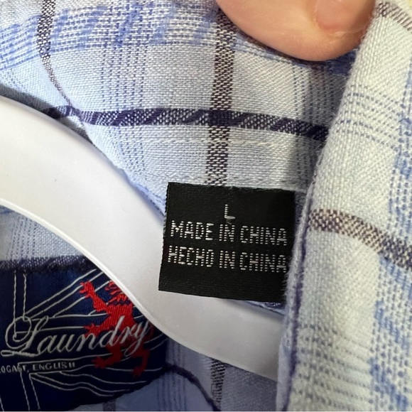 English Laundry Men’s Blue Plaid Linen Blend Button Up Shirt size large - Picture 4 of 10